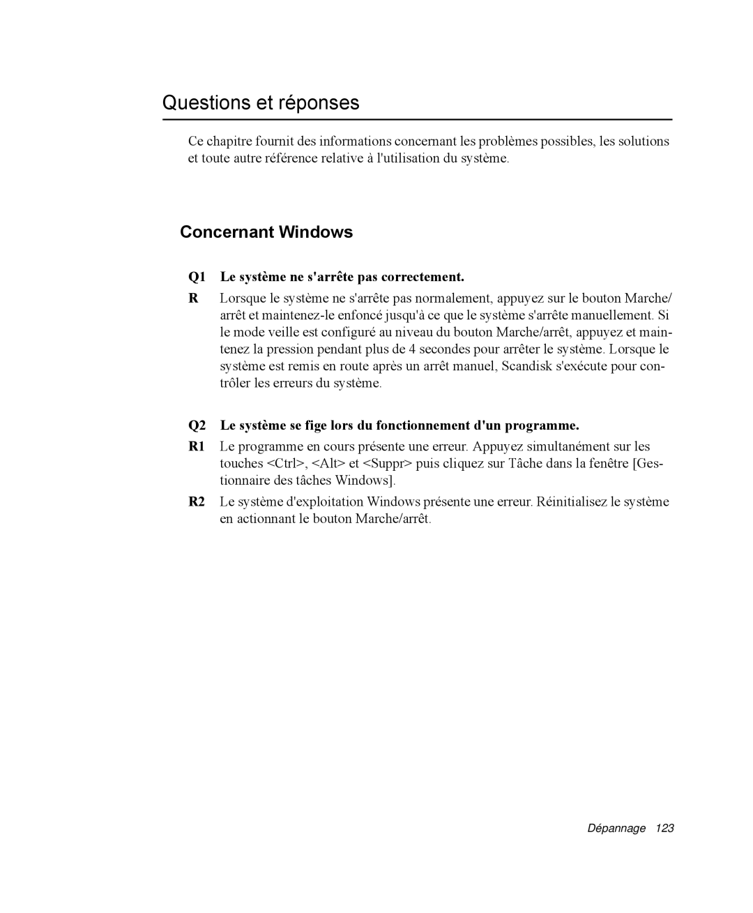 Samsung NP-R40E001/SEF manual Questions et réponses, Concernant Windows, Q1 Le système ne sarrête pas correctement 