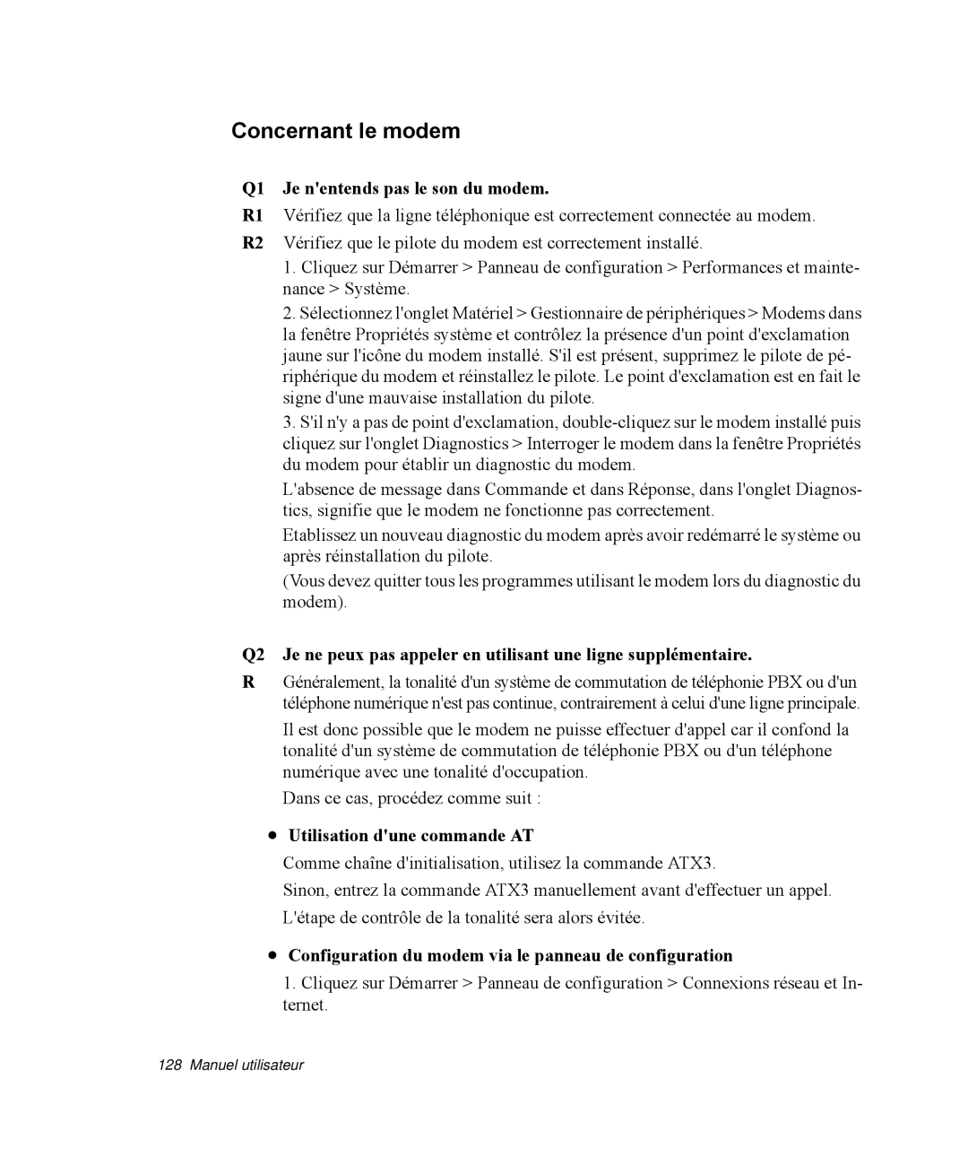 Samsung NP-R40FY03/SEF manual Concernant le modem, Q1 Je nentends pas le son du modem, Utilisation dune commande AT 