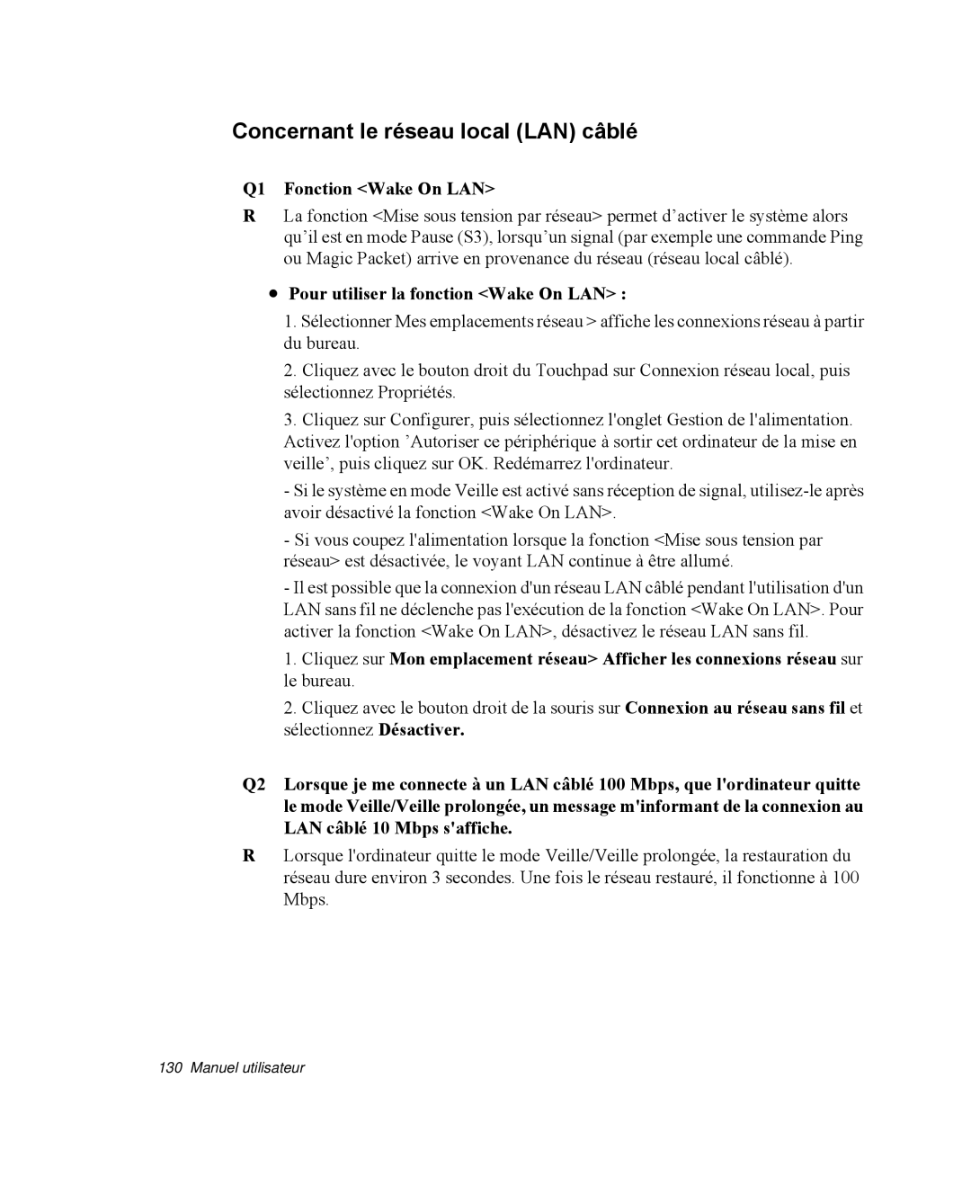 Samsung NP-R40R006/SEF, NP-R40R001/SEF, NP-R40FY00/SEF manual Concernant le réseau local LAN câblé, Q1 Fonction Wake On LAN 