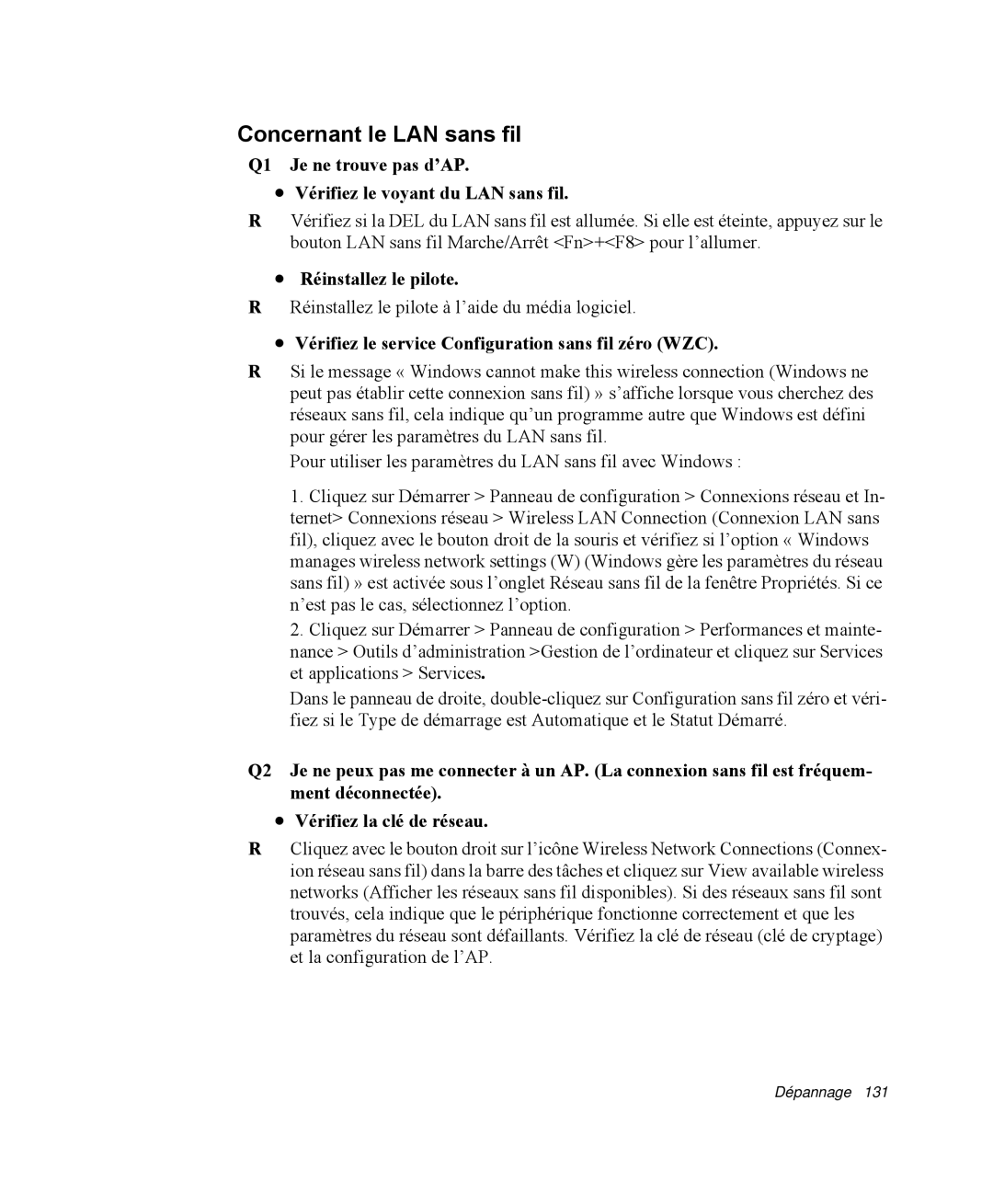 Samsung NP-R40R004/SEF manual Concernant le LAN sans fil, Q1 Je ne trouve pas d’AP Vérifiez le voyant du LAN sans fil 