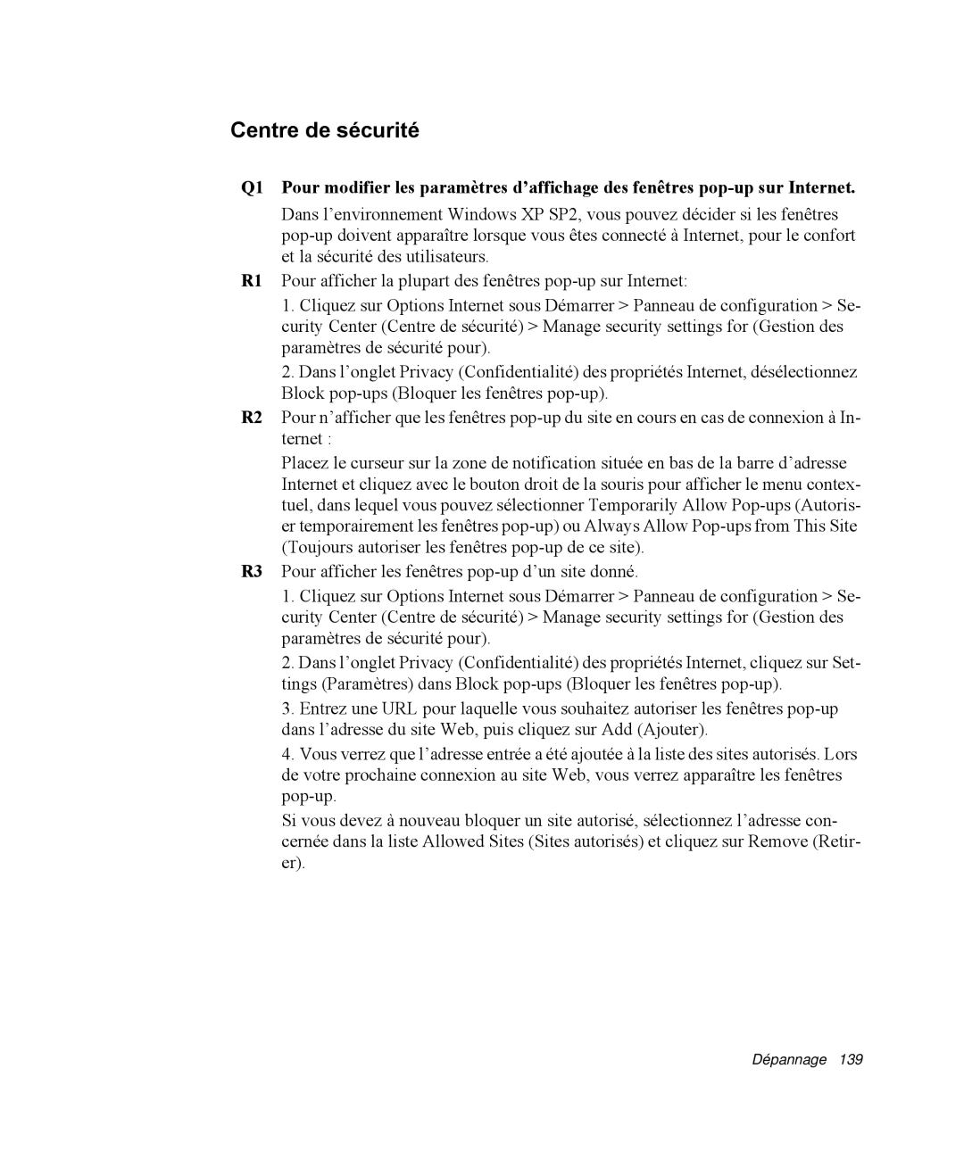 Samsung NP-R40FY04/SEF, NP-R40R001/SEF, NP-R40FY00/SEF, NP-R40FY01/SEF, NP-R40R000/SEF, NP-R40FY03/SEF manual Centre de sécurité 