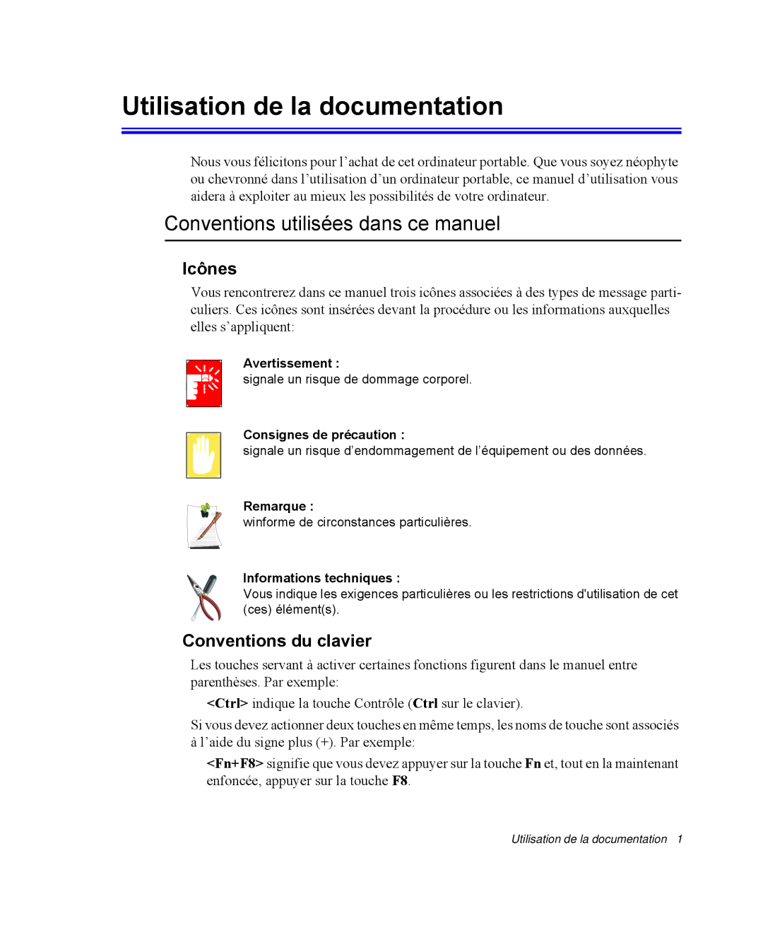 Samsung NP-R40R000/SEF, NP-R40R001/SEF manual Utilisation de la documentation, Conventions utilisées dans ce manuel, Icônes 