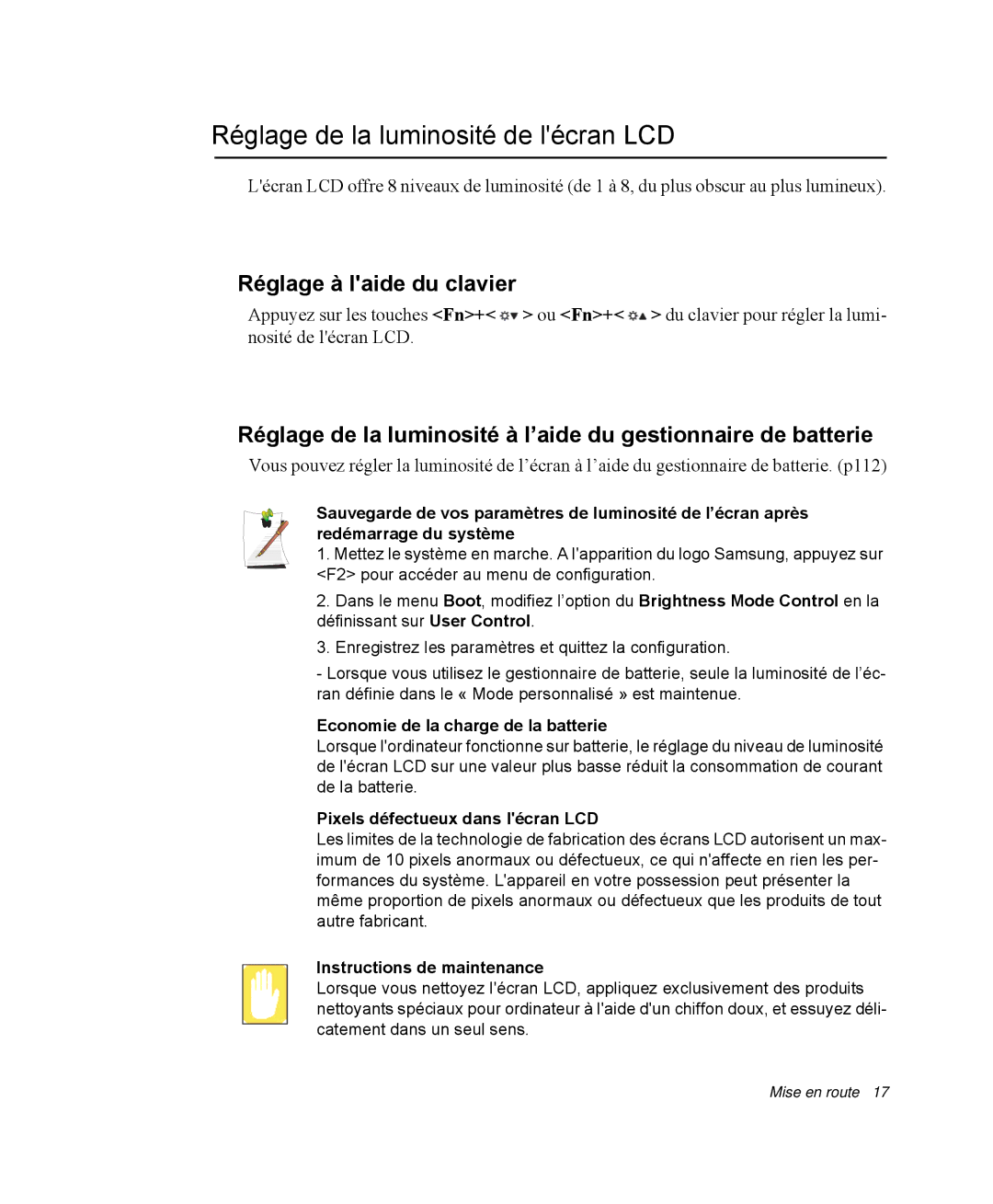 Samsung NP-R40FY00/SEF Réglage de la luminosité de lécran LCD, Réglage à laide du clavier, Instructions de maintenance 