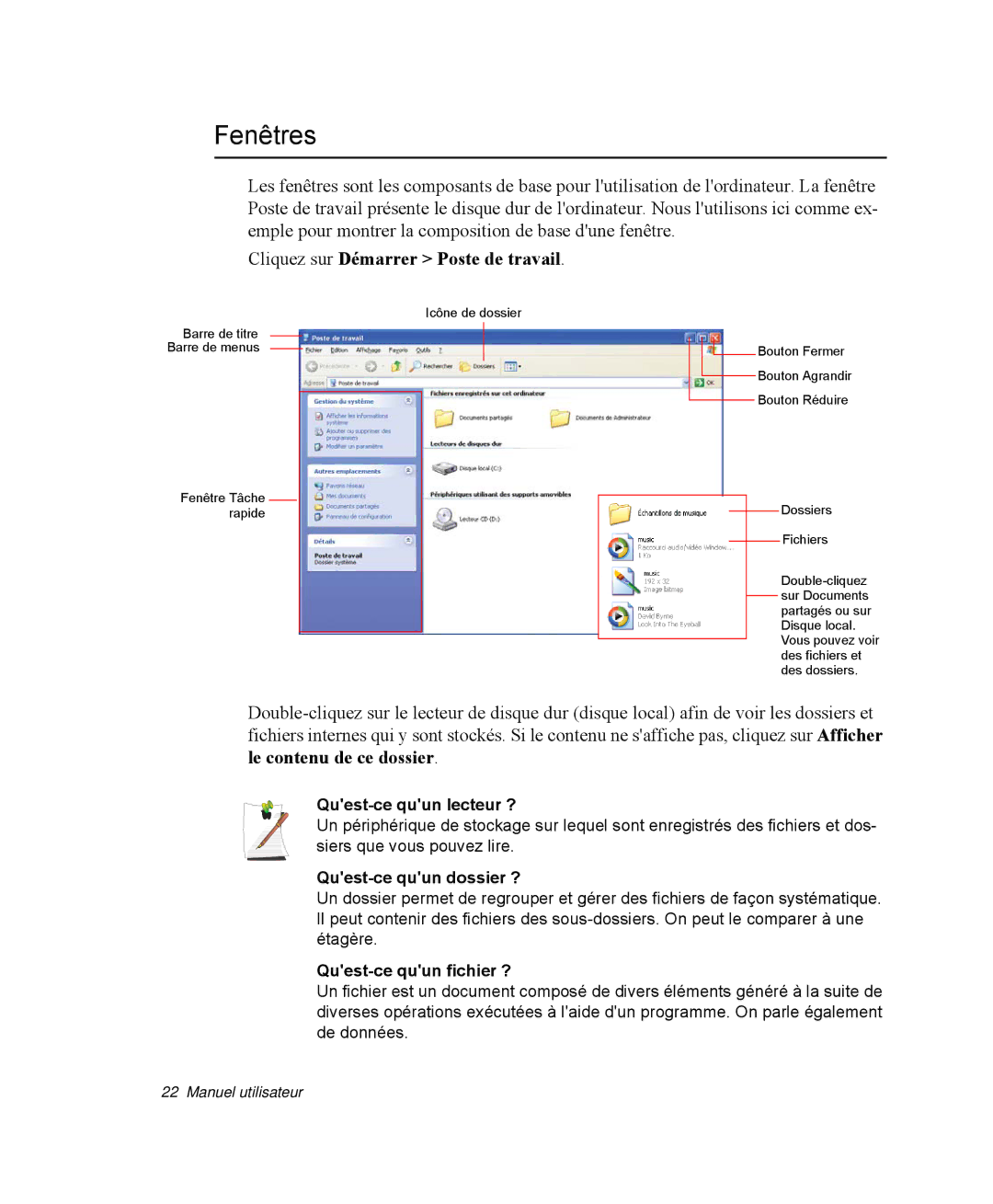 Samsung NP-R40R006/SEF Fenêtres, Cliquez sur Démarrer Poste de travail, Quest-ce quun lecteur ?, Quest-ce quun dossier ? 