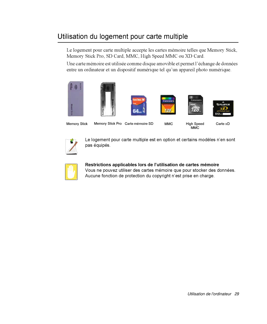 Samsung NP-R40R002/SEF, NP-R40R001/SEF, NP-R40FY00/SEF, NP-R40FY01/SEF manual Utilisation du logement pour carte multiple 