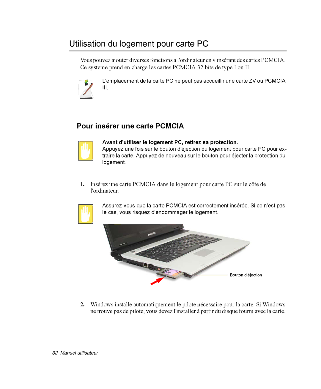 Samsung NP-R40FY02/SEF, NP-R40R001/SEF, NP-R40FY00/SEF Utilisation du logement pour carte PC, Pour insérer une carte Pcmcia 