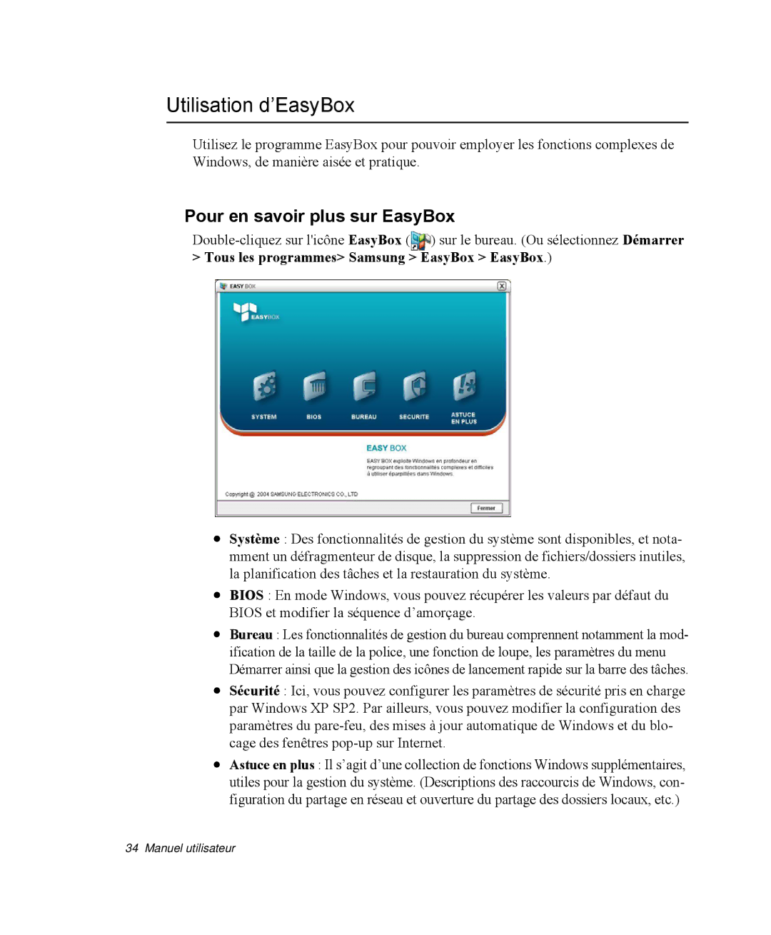 Samsung NP-R40R001/SEF, NP-R40FY00/SEF, NP-R40FY01/SEF manual Utilisation d’EasyBox, Pour en savoir plus sur EasyBox 