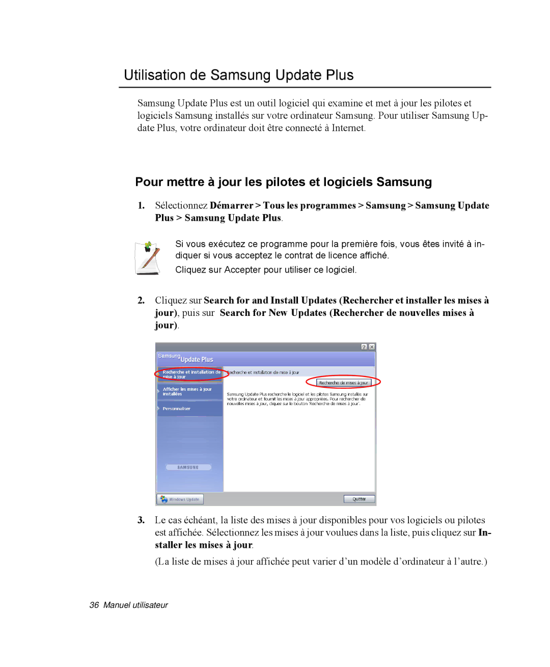 Samsung NP-R40FY01/SEF manual Utilisation de Samsung Update Plus, Pour mettre à jour les pilotes et logiciels Samsung 