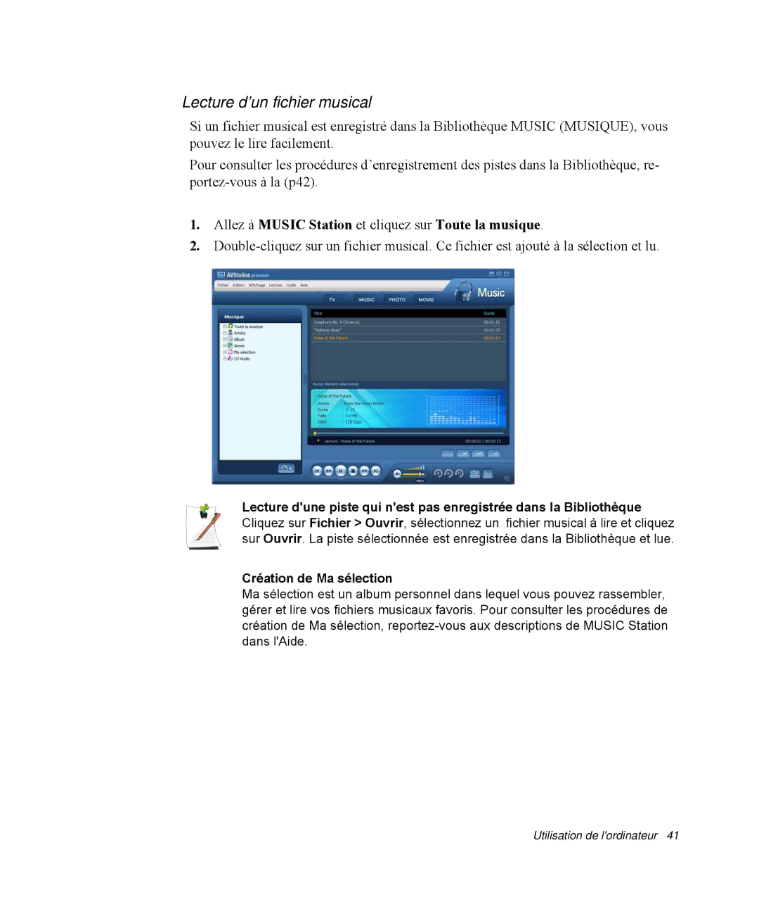 Samsung NP-R40R004/SEF, NP-R40R001/SEF Lecture d’un fichier musical, Allez à Music Station et cliquez sur Toute la musique 