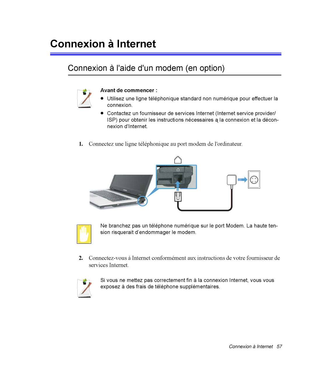 Samsung NP-R40RY01/SEF, NP-R40R001/SEF, NP-R40FY00/SEF manual Connexion à Internet, Connexion à laide dun modem en option 