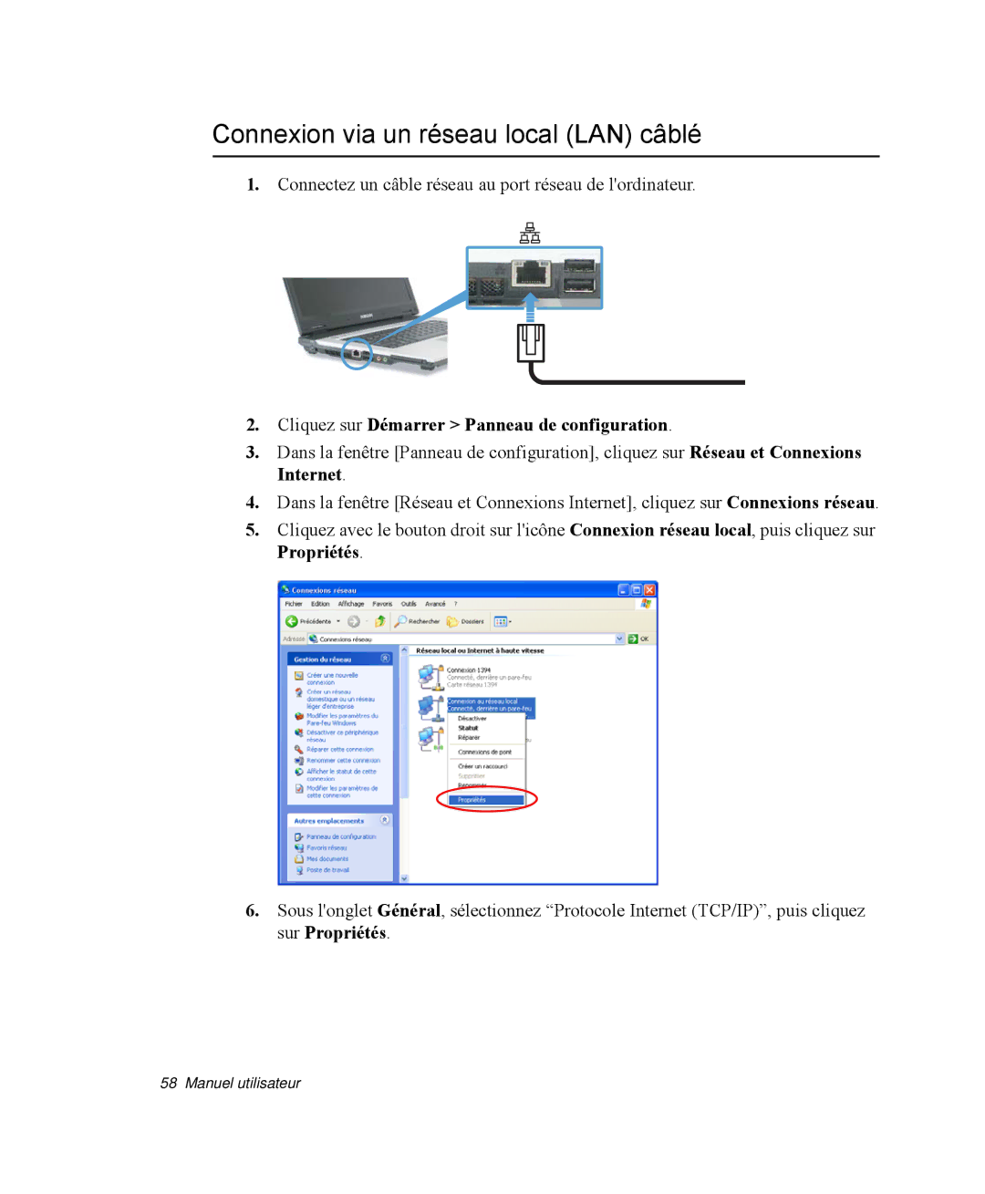 Samsung NP-R40R006/SEF manual Connexion via un réseau local LAN câblé, Cliquez sur Démarrer Panneau de configuration 