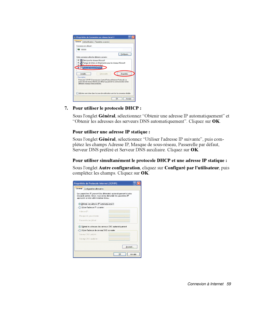 Samsung NP-R40R004/SEF, NP-R40R001/SEF manual Pour utiliser le protocole Dhcp, Pour utiliser une adresse IP statique 