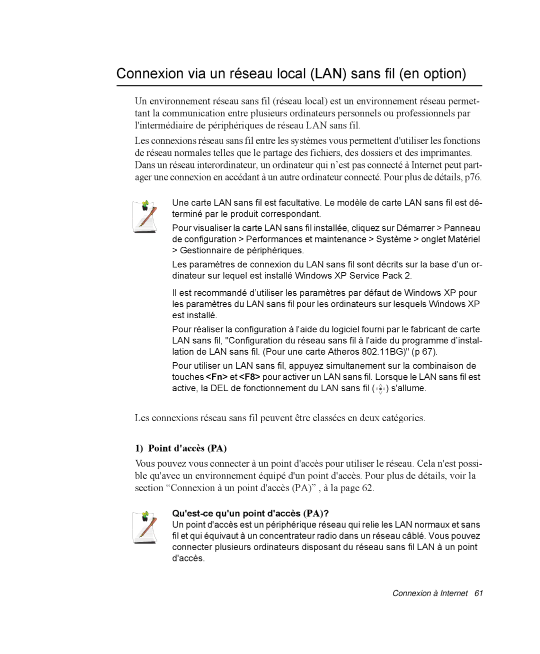 Samsung NP-R40E000/SEF, NP-R40R001/SEF manual Connexion via un réseau local LAN sans fil en option, Point daccès PA 