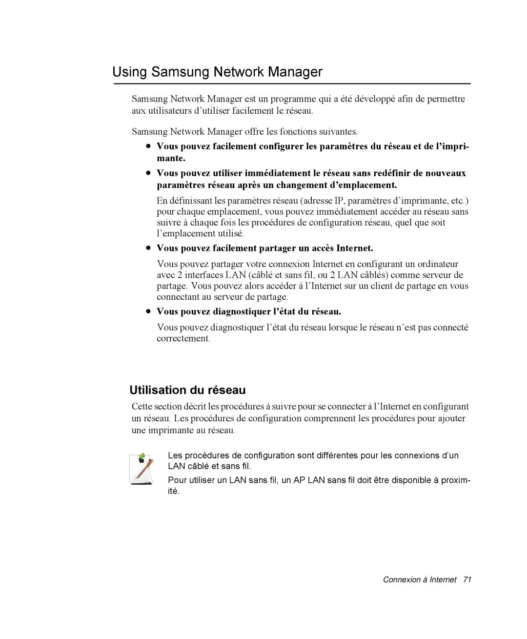 Samsung NP-R40FY00/SEF Using Samsung Network Manager, Utilisation du réseau, Vous pouvez diagnostiquer l’état du réseau 