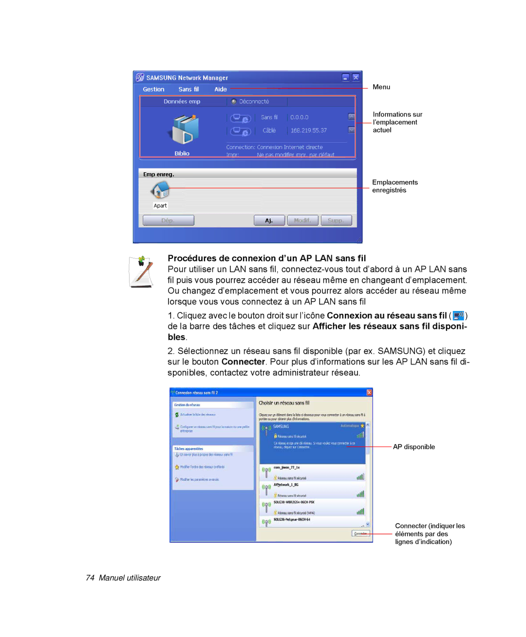 Samsung NP-R40FY03/SEF, NP-R40R001/SEF, NP-R40FY00/SEF, NP-R40FY01/SEF manual Procédures de connexion d’un AP LAN sans fil 