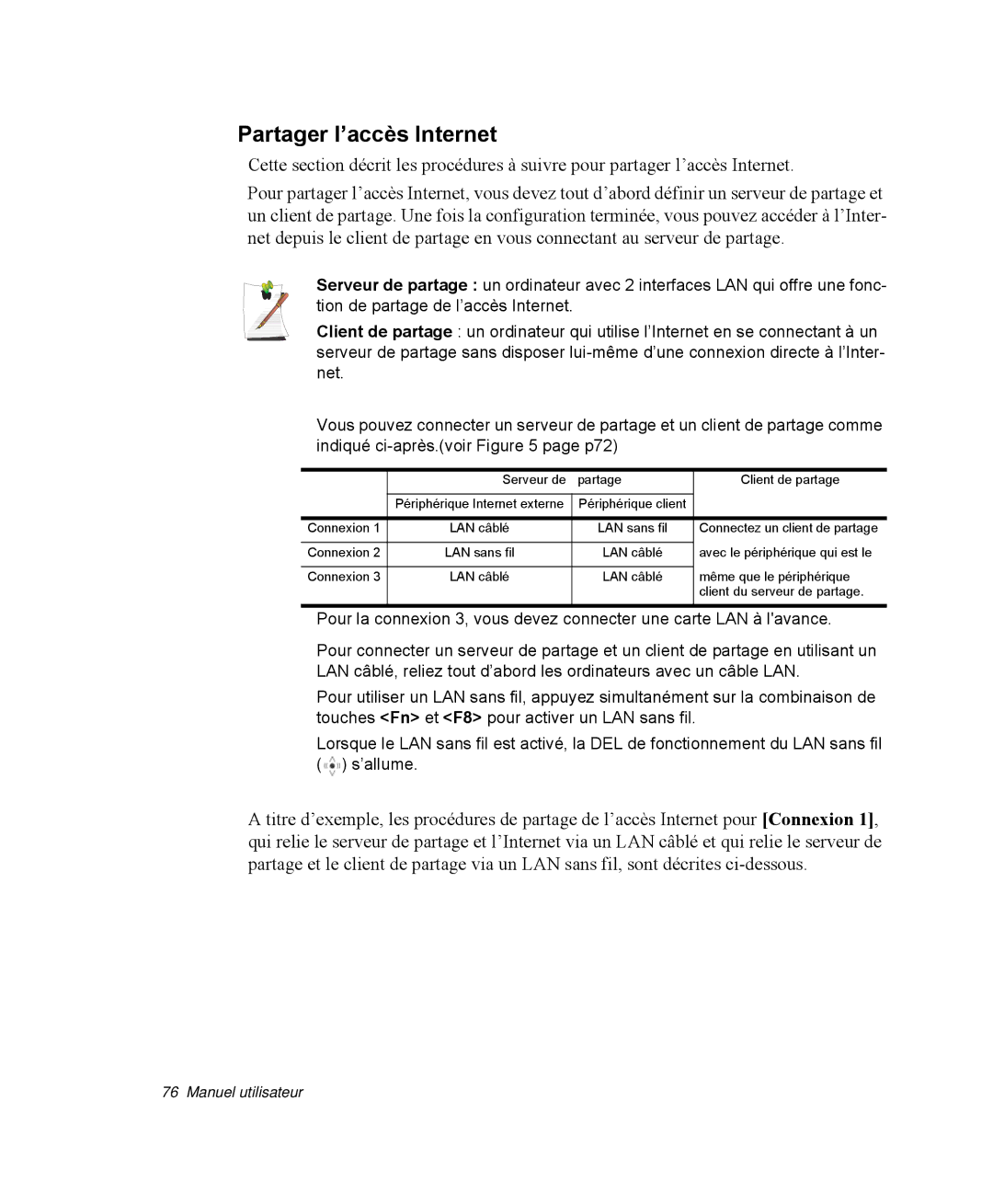 Samsung NP-R40R006/SEF, NP-R40R001/SEF, NP-R40FY00/SEF, NP-R40FY01/SEF, NP-R40R000/SEF manual Partager l’accès Internet 