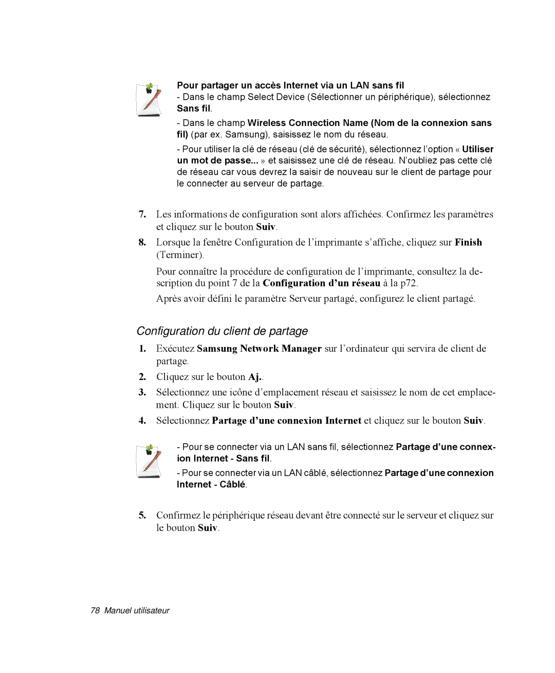 Samsung NP-R40R003/SEF manual Configuration du client de partage, Pour partager un accès Internet via un LAN sans fil 