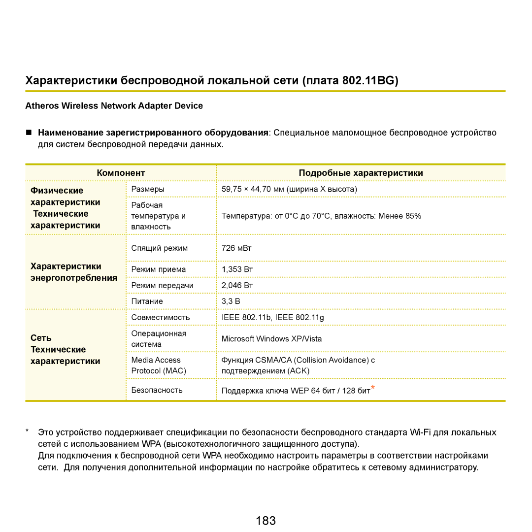 Samsung NP-R40XY03/SER, NP-R40XY01/SER, NP-R40XY04/SER manual 183, Характеристики беспроводной локальной сети плата 802.11BG 