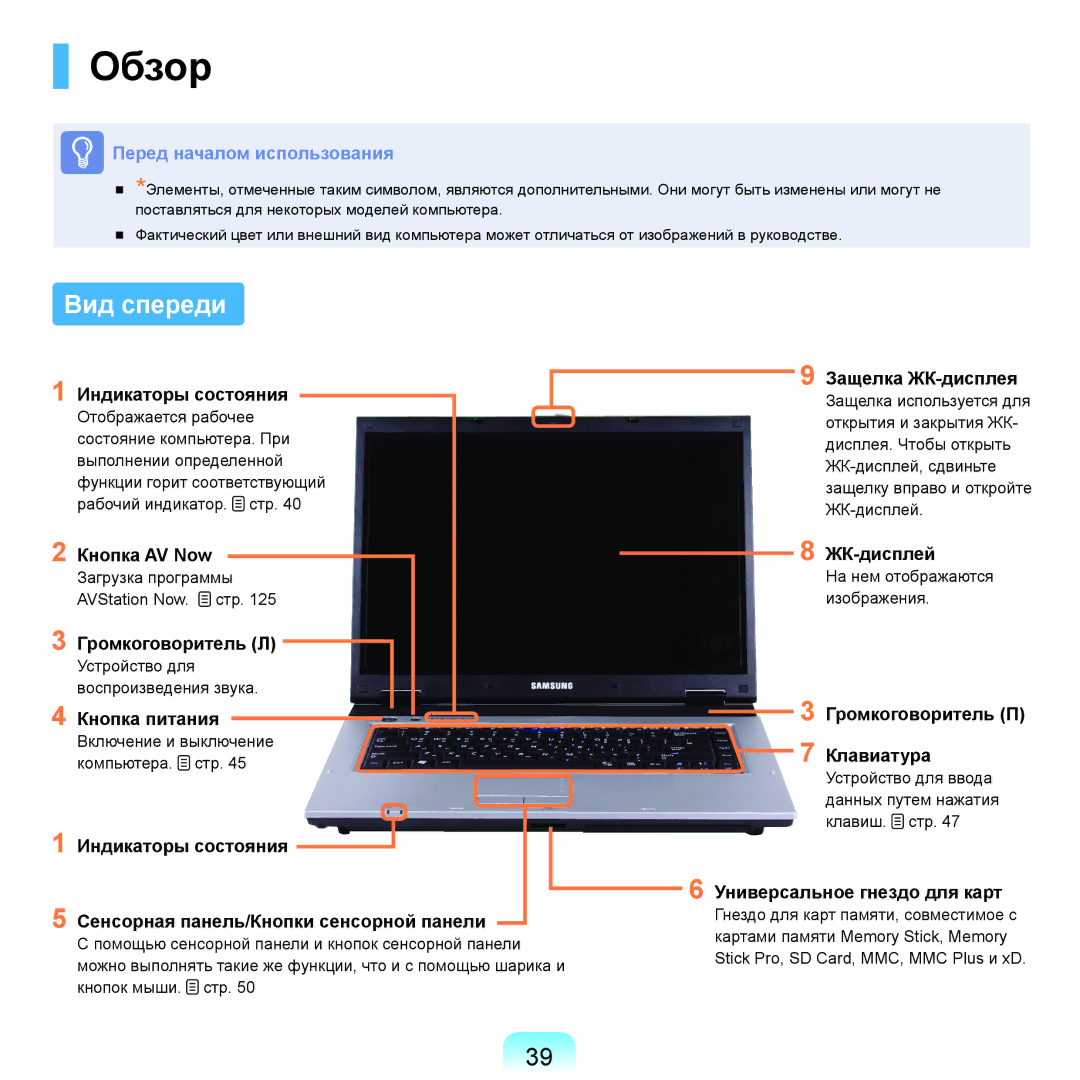 Samsung NP-R40XY03/SER, NP-R40XY01/SER, NP-R40XY04/SER, NP-R40FY02/SER, NP-R40FY03/SER, NP-R40XY02/SER manual Обзор, Вид спереди 