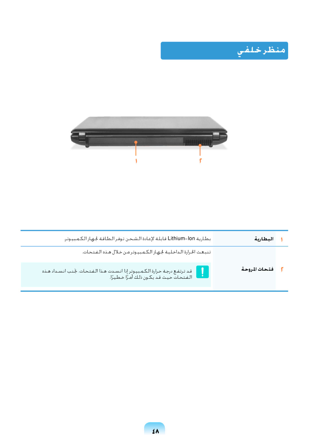 Samsung NP-R418-DA01AE manual يفلخ رظنم, ةيراطبلا, ةحورلما تاحتف 