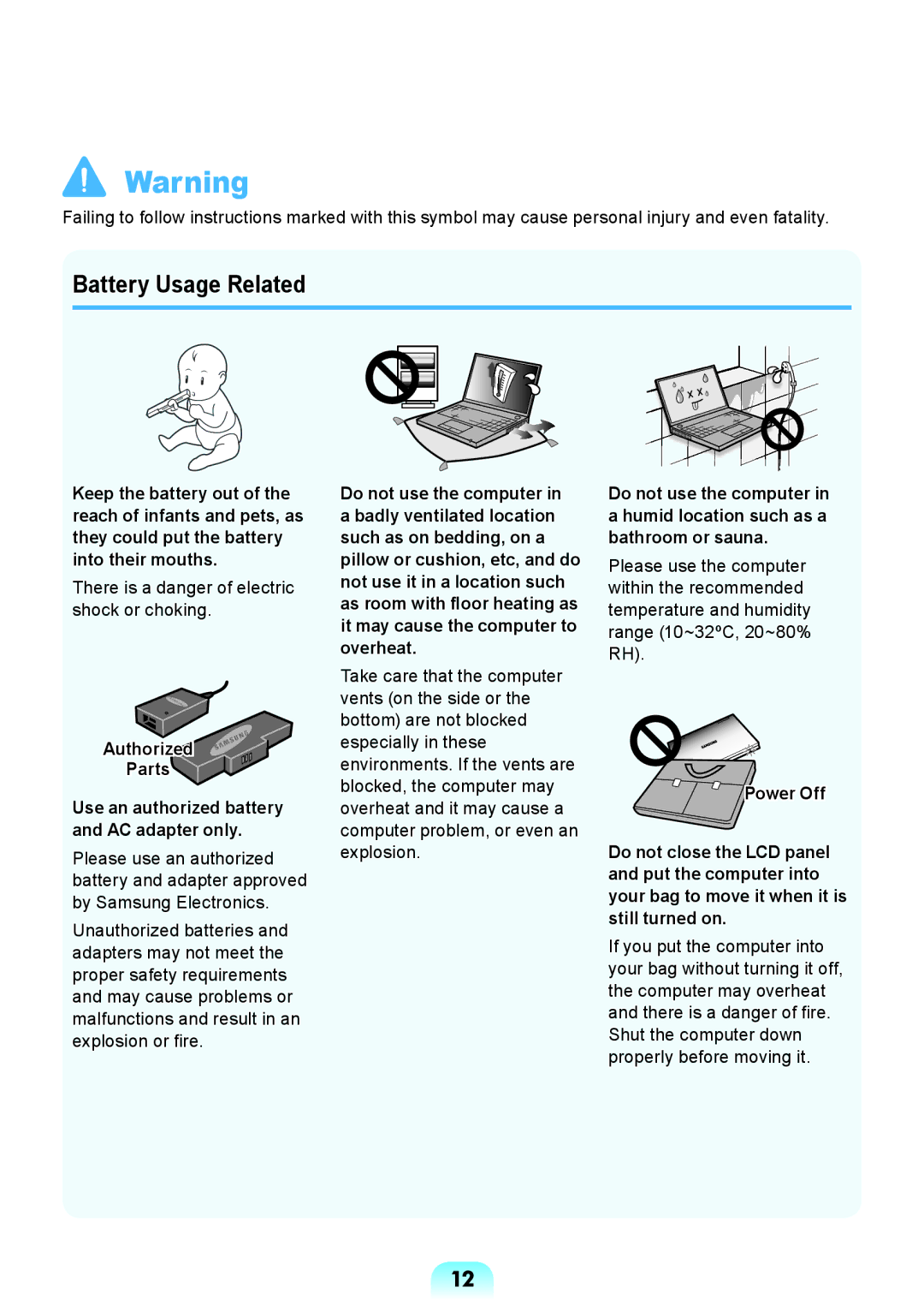 Samsung NP-R428-DB01VN manual Battery Usage Related, Authorized Parts 