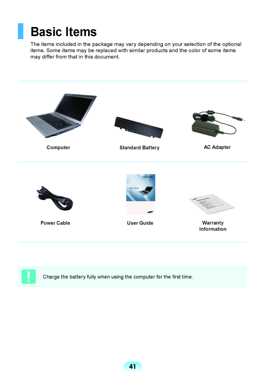 Samsung NP-R428-DB01VN manual Basic Items, Computer Standard Battery AC Adapter Power Cable User Guide 