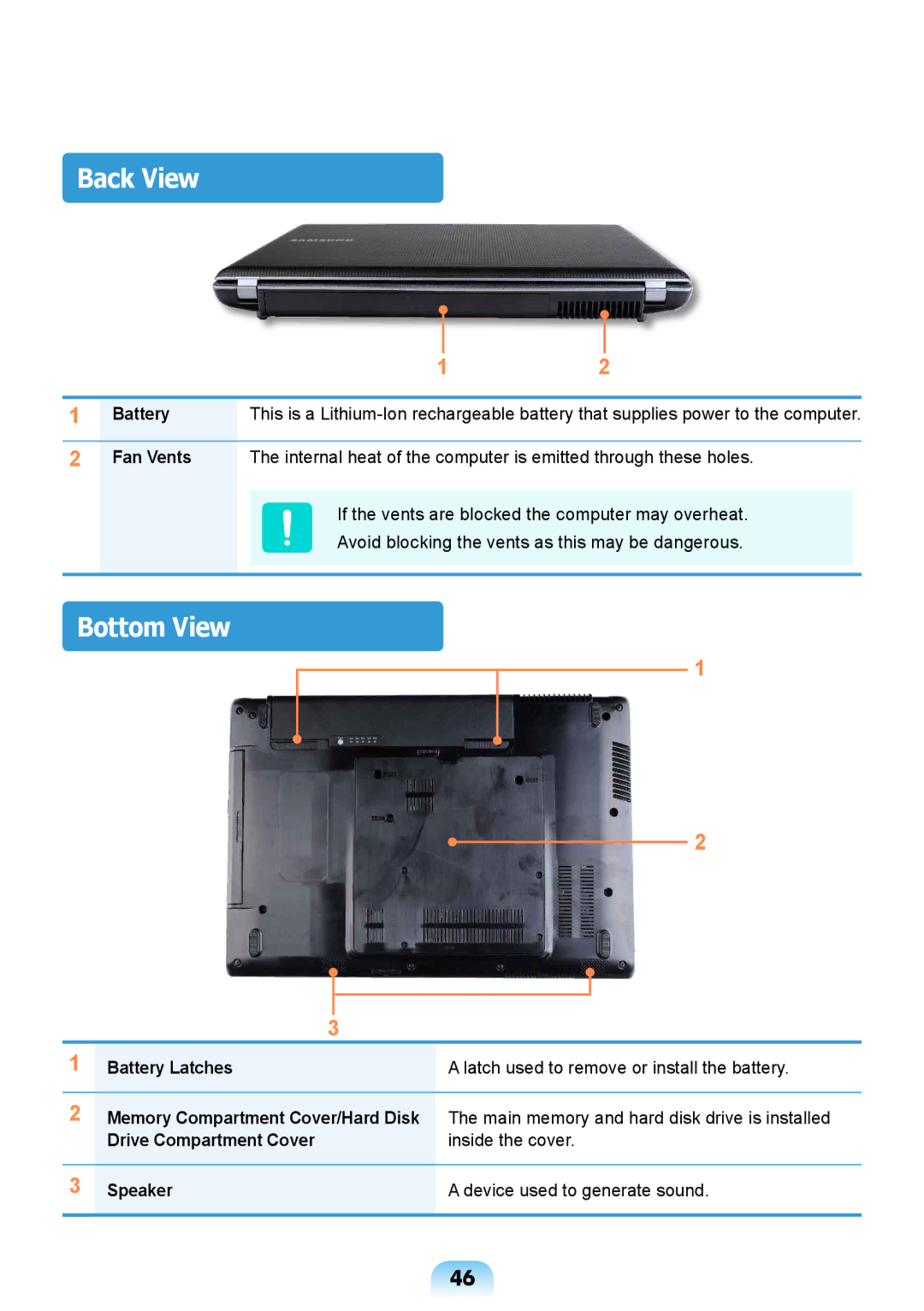 Samsung NP-R428-DB01VN manual Back View, Bottom View, Battery 