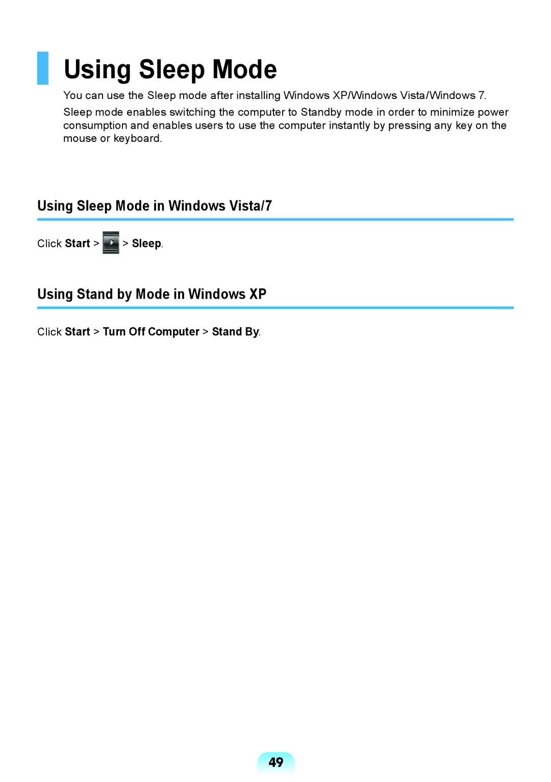 Samsung NP-R428-DB01VN manual Using Sleep Mode in Windows Vista/7, Using Stand by Mode in Windows XP 