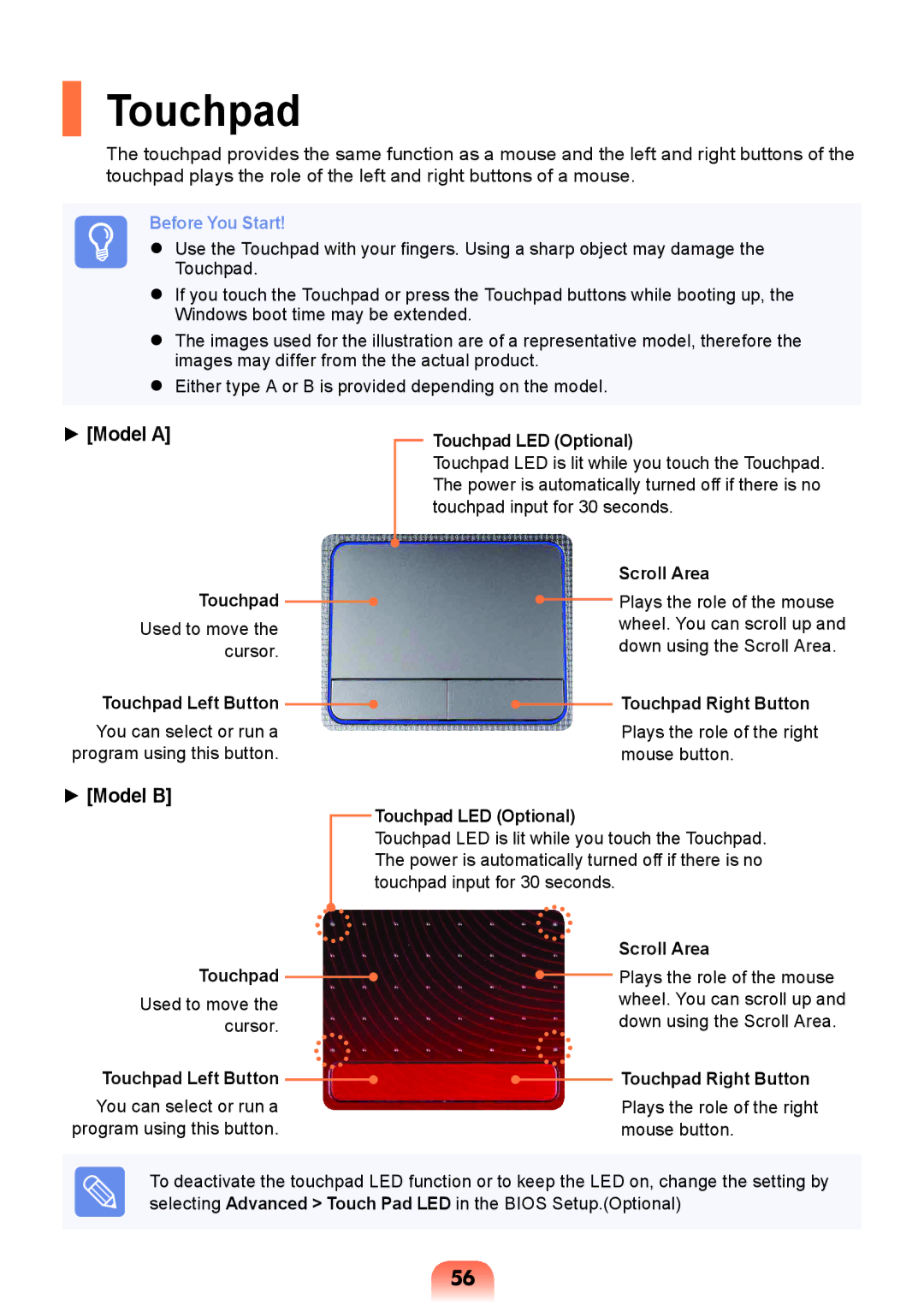 Samsung NP-R428-DB01VN manual Touchpad Left Button, Touchpad LED Optional, Scroll Area, Touchpad Right Button 