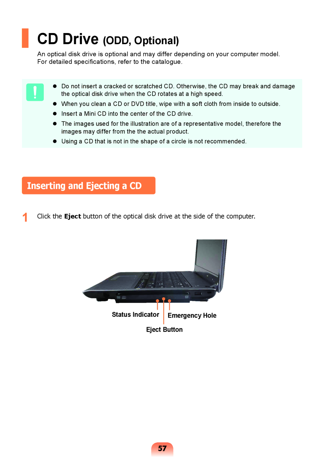 Samsung NP-R428-DB01VN manual Inserting and Ejecting a CD, Status Indicator Emergency Hole Eject Button 