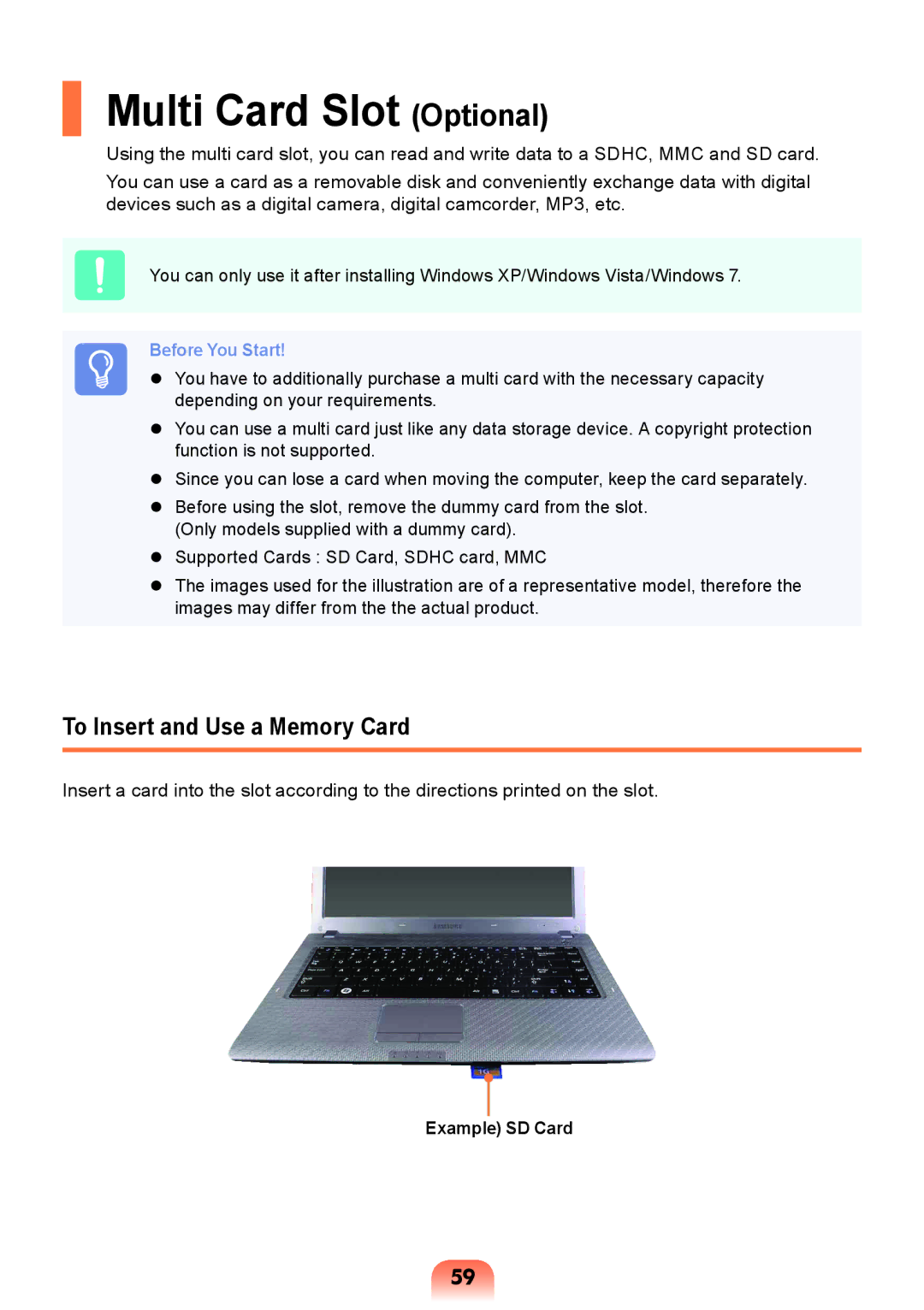 Samsung NP-R428-DB01VN manual Multi Card Slot Optional, To Insert and Use a Memory Card, Example SD Card 