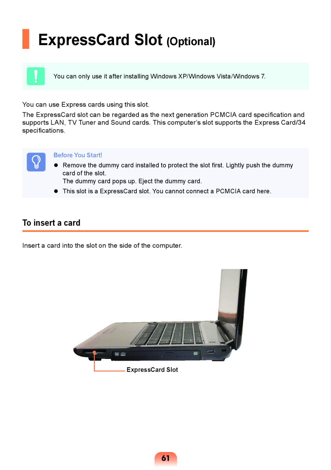 Samsung NP-R428-DB01VN manual ExpressCard Slot Optional, To insert a card 