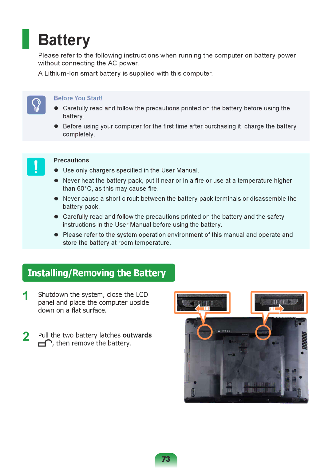 Samsung NP-R428-DB01VN manual Installing/Removing the Battery, Precautions 