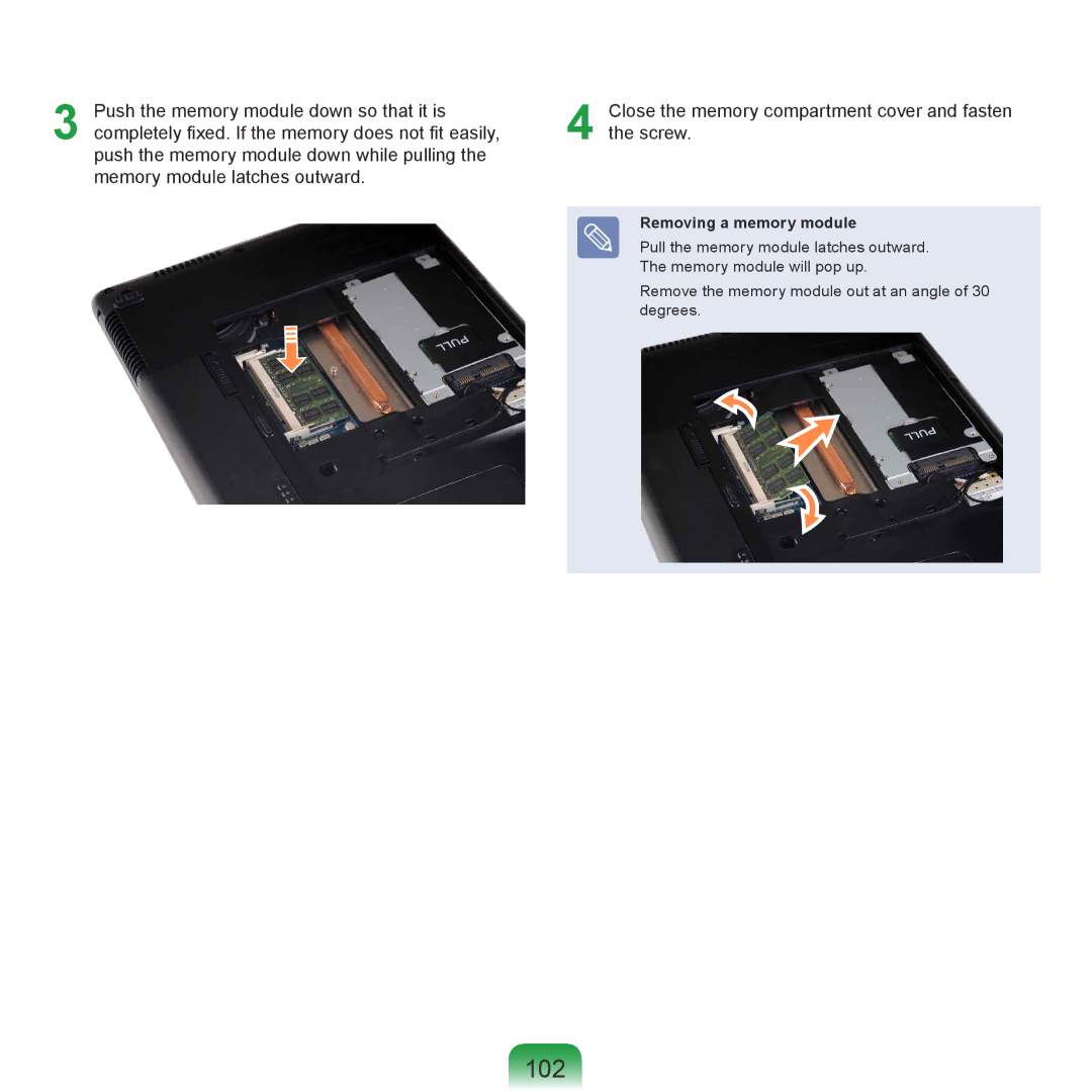 Samsung NP-R430-JS01SA, NP-R430-JS03UA, NP-R430-JS01UA, NP-R430-JA02SG, NP-R430-JA02AE manual 102, Removing a memory module 