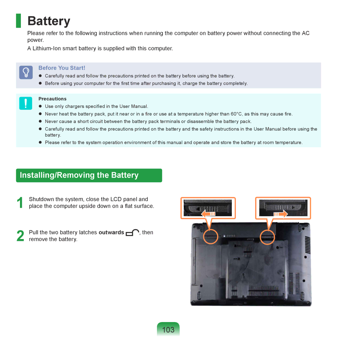 Samsung NP-R430-JS02SA, NP-R430-JS03UA, NP-R430-JS01UA, NP-R430-JA02SG Installing/Removing the Battery, 103, Precautions 