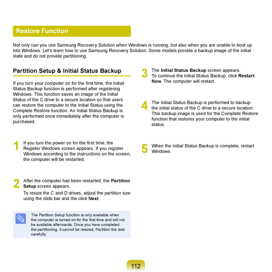 Samsung NP-R430-JS03RU, NP-R430-JS03UA, NP-R430-JS01UA manual Restore Function, 112, Partition Setup & Initial Status Backup 