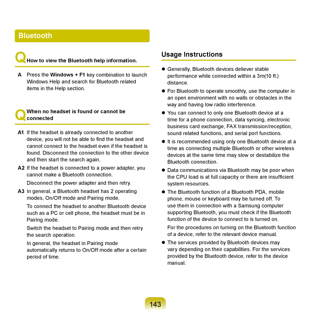 Samsung NP-R430-JS01VN, NP-R430-JS03UA manual 143, Usage Instructions, QHow to view the Bluetooth help information 