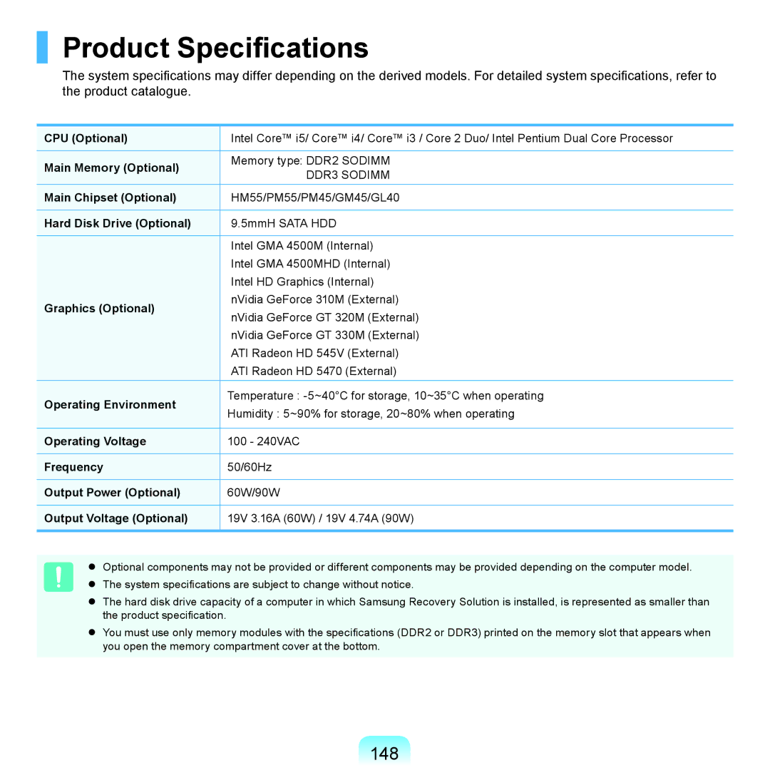 Samsung NP-R430-JA01RU, NP-R430-JS03UA, NP-R430-JS01UA, NP-R430-JA02SG, NP-R430-JA02AE manual Product Specifications, 148 