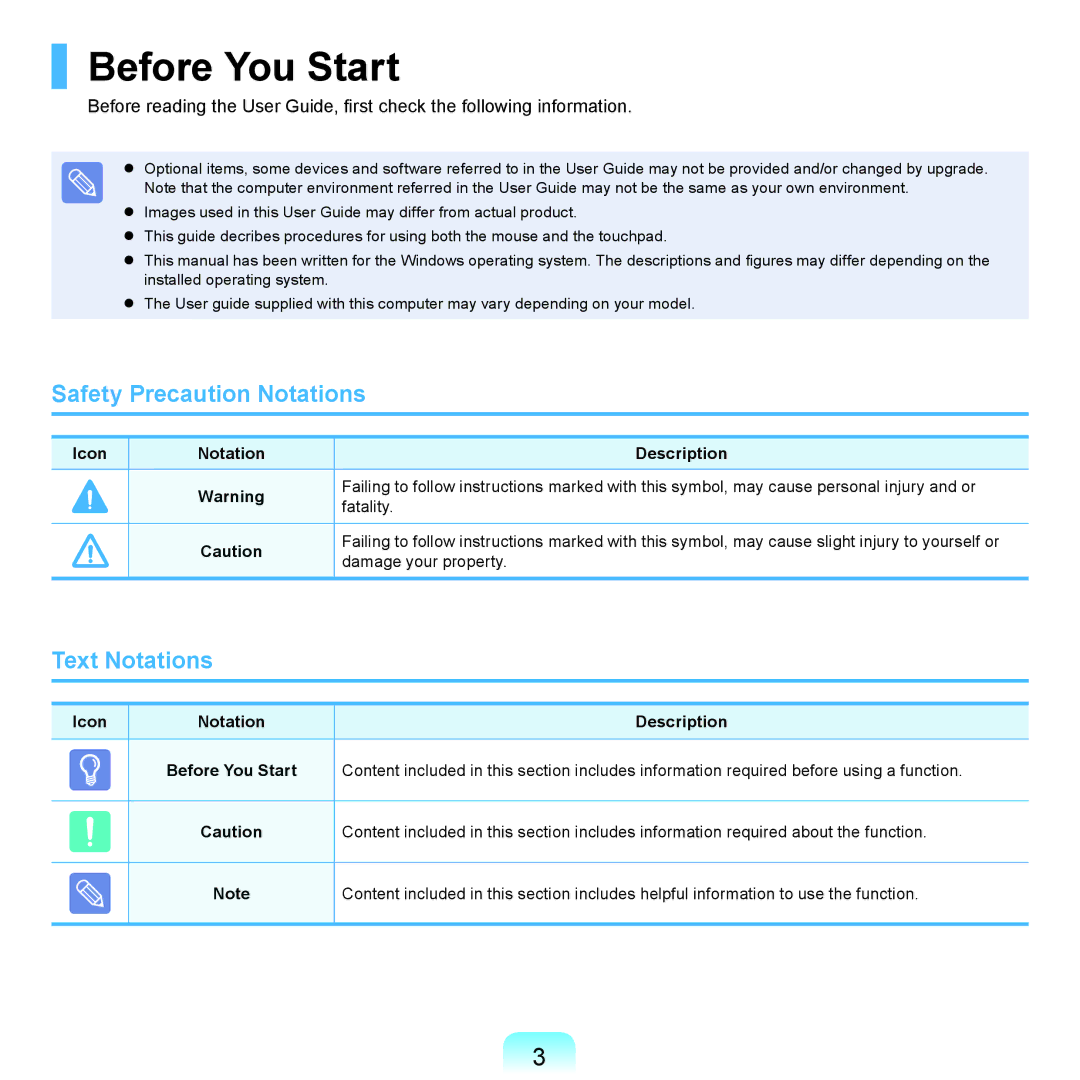 Samsung NP-R430-JA02AE, NP-R430-JS03UA, NP-R430-JS01UA manual Before You Start, Safety Precaution Notations, Text Notations 