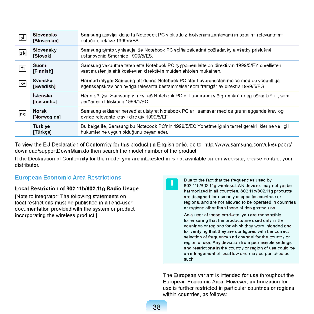 Samsung NP-R430-JS03UA manual European Economic Area Restrictions, Local Restriction of 802.11b/802.11g Radio Usage 