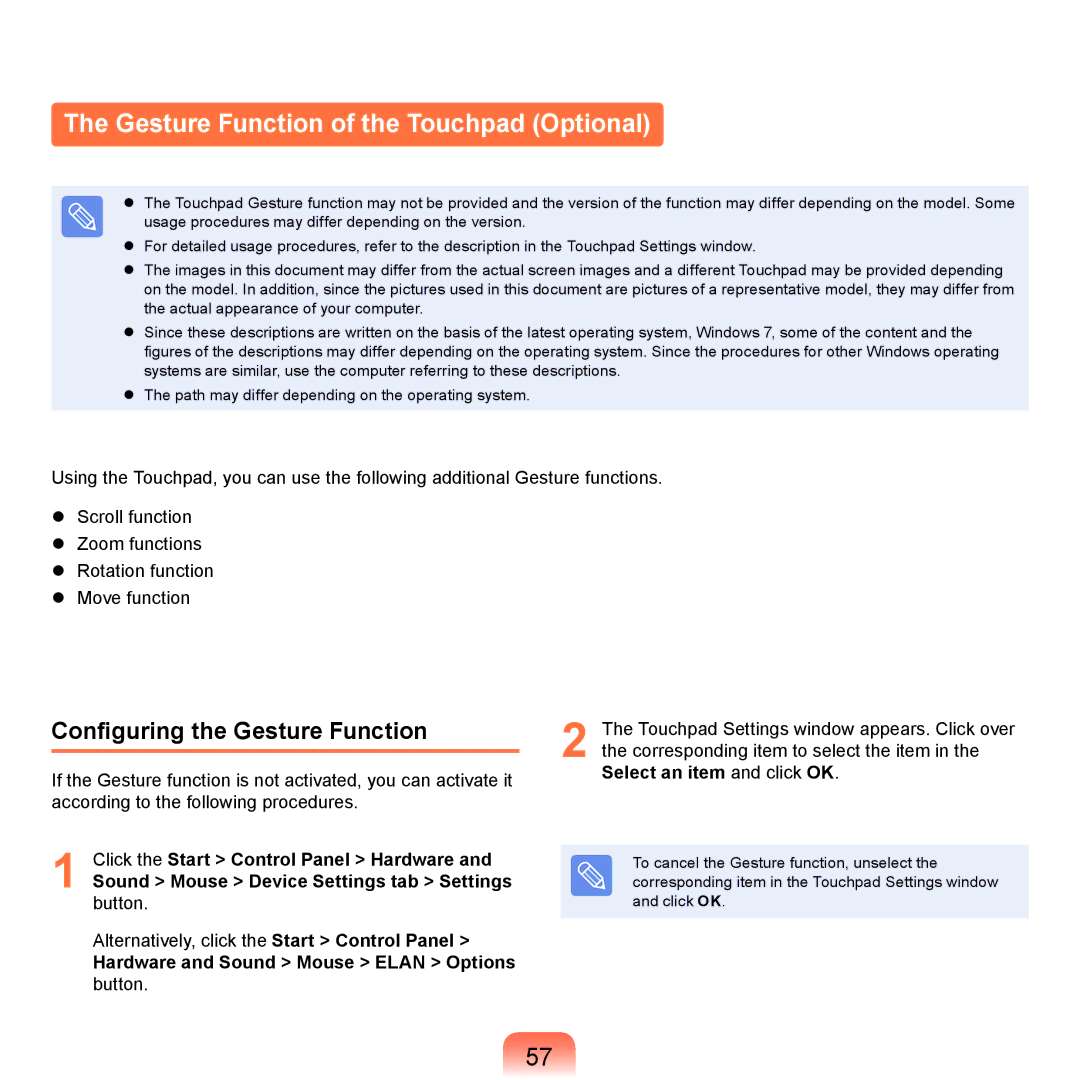 Samsung NP-R430-JS03UA, NP-R430-JS01UA manual Gesture Function of the Touchpad Optional, Configuring the Gesture Function 