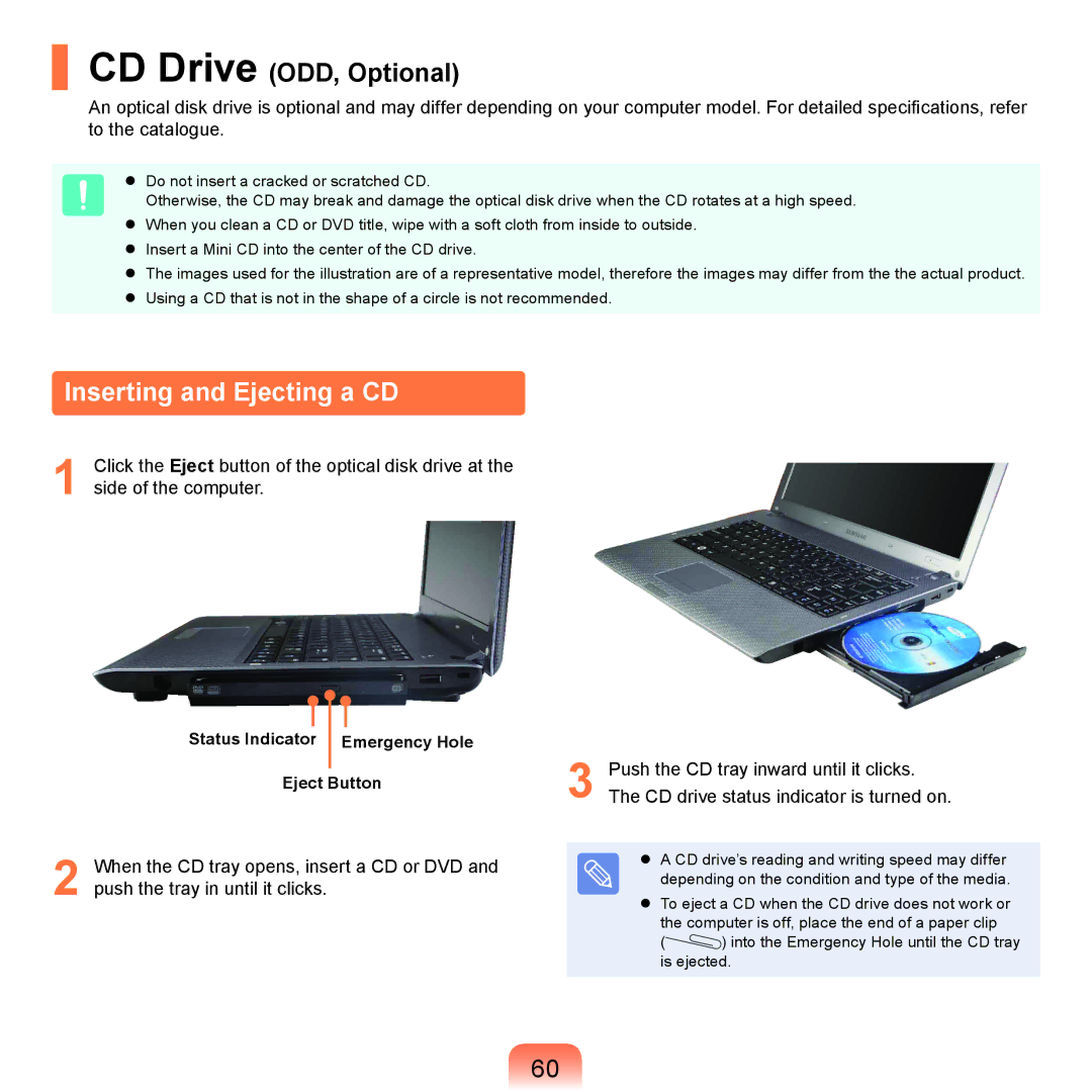 Samsung NP-R430-JA02AE, NP-R430-JS03UA manual Inserting and Ejecting a CD, Status Indicator Emergency Hole Eject Button 