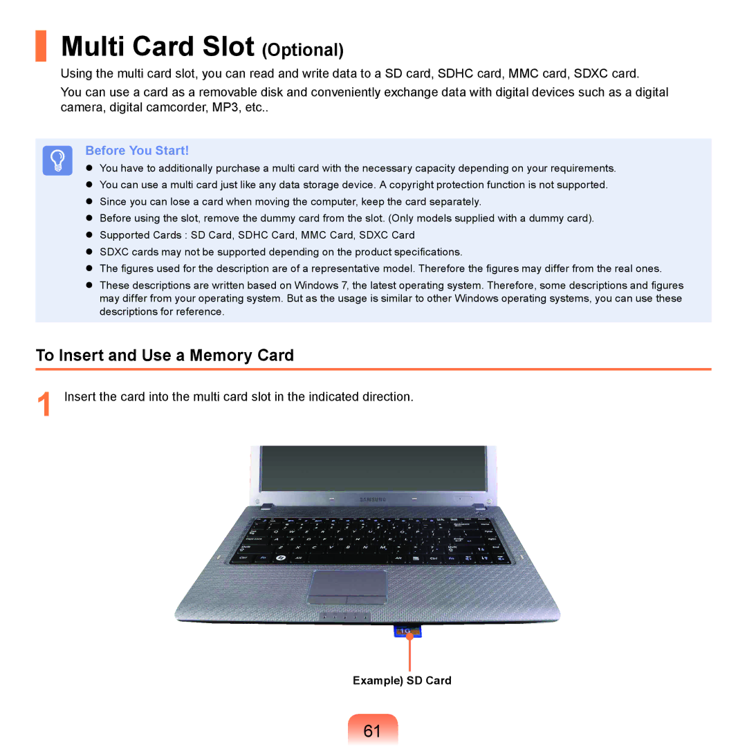 Samsung NP-R430-JA03AE, NP-R430-JS03UA manual Multi Card Slot Optional, To Insert and Use a Memory Card, Example SD Card 