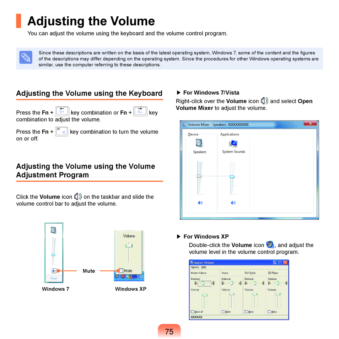 Samsung NP-R430-JS04RU manual Adjusting the Volume using the Keyboard, For Windows 7/Vista, Mute Windows Windows XP 