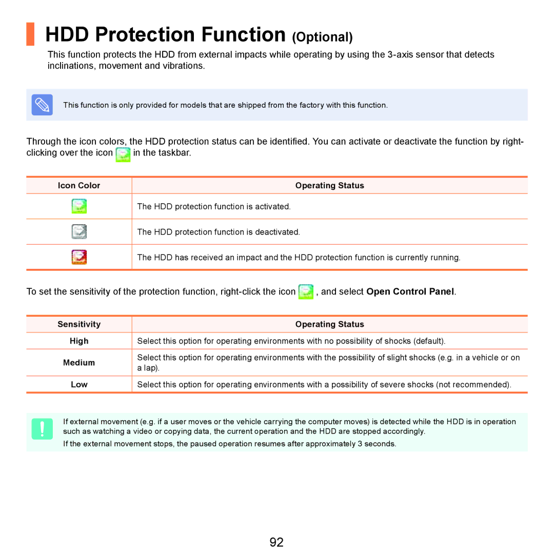 Samsung NP-R430-JS02RU, NP-R430-JS03UA, NP-R430-JS01UA manual HDD Protection Function Optional, Icon Color Operating Status 