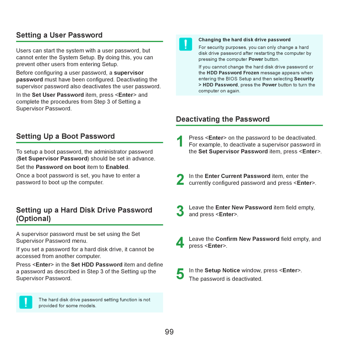 Samsung NP-R430-JA03AE Setting a User Password, Setting Up a Boot Password, Setting up a Hard Disk Drive Password Optional 