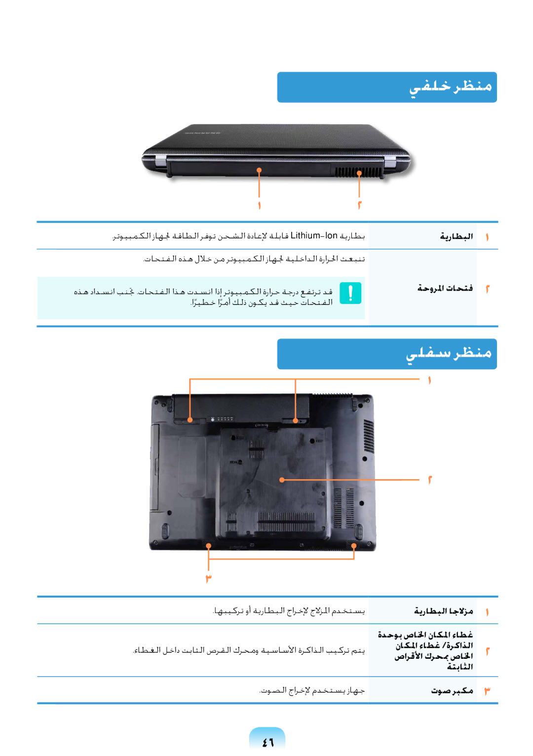 Samsung NP-R439-DA04SA, NP-R439-DA03SA, NP-R528-DB04SA, NP-R538-DA01KZ manual يفلخ رظنم, يلفس رظنم, ةيراطبلا, ةحورلما تاحتف 