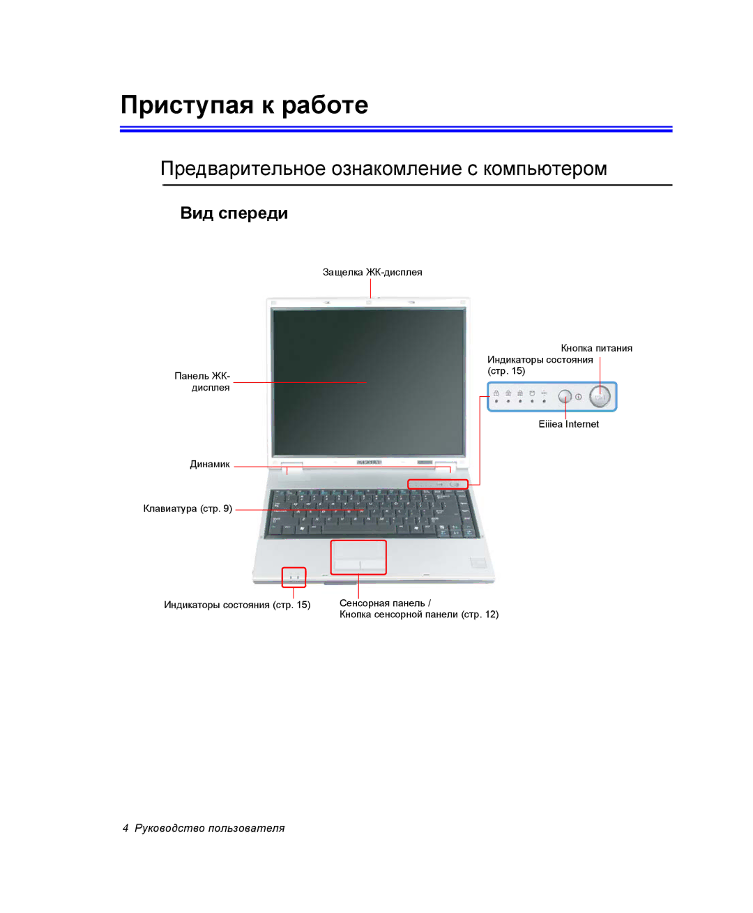 Samsung NP-R45K005/SER, NP-R45K006/SER manual Приступая к работе, Предварительное ознакомление с компьютером, Вид спереди 