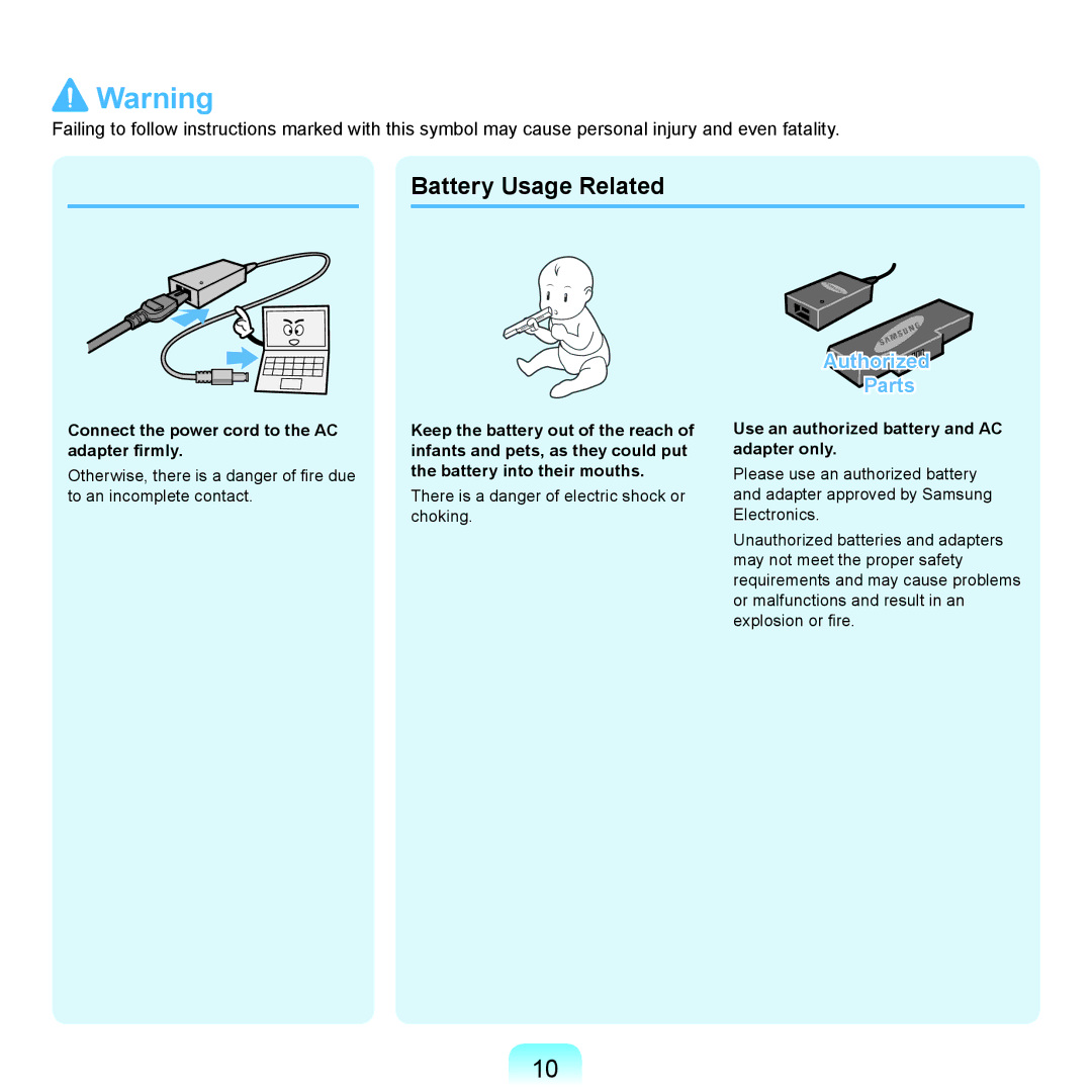 Samsung NP-R470-FS02RU, NP-R470-AS01SG manual Battery Usage Related, Connect the power cord to the AC adapter firmly 