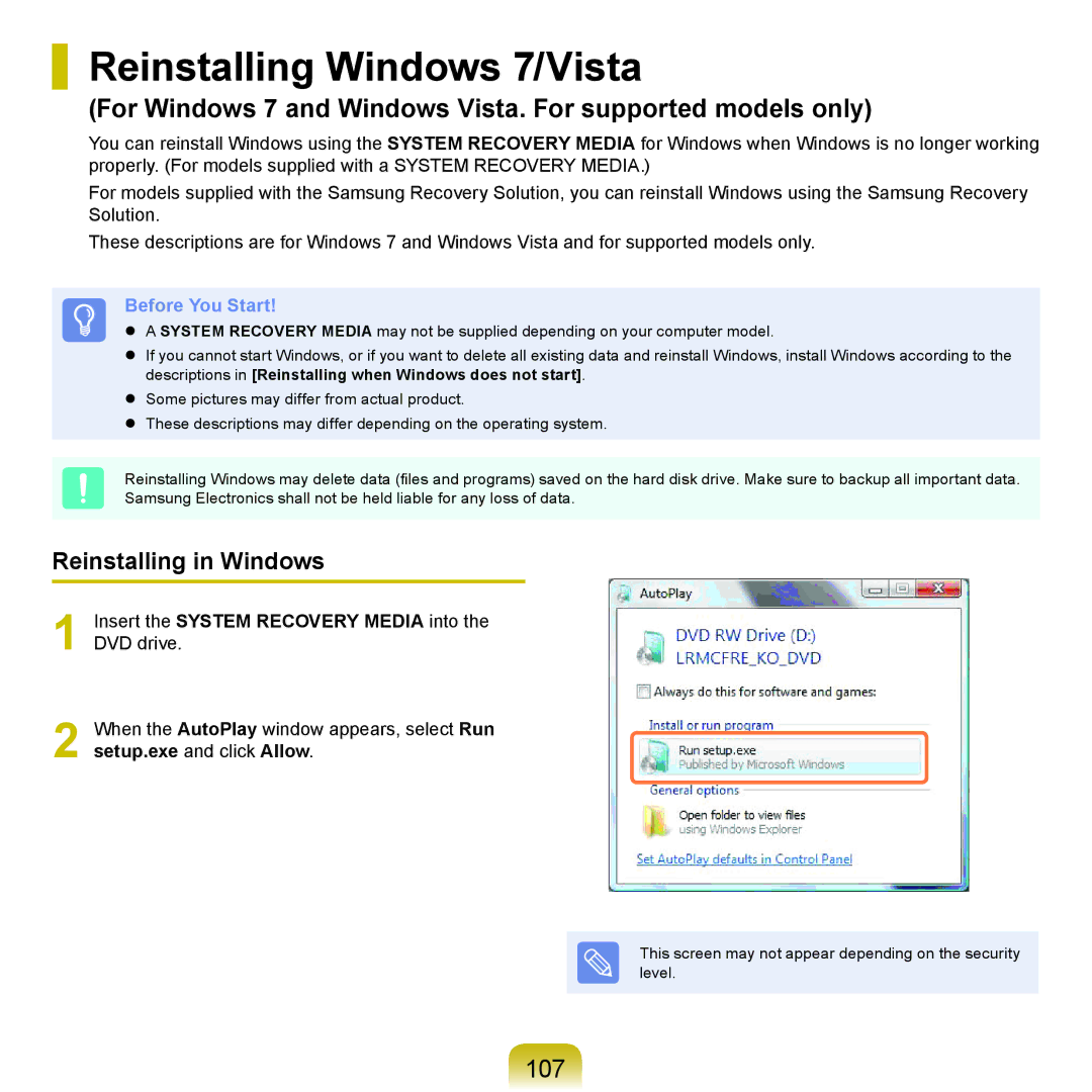 Samsung NP-R470-FS03RU, NP-R470-AS01SG, NP-R470-FS01RU manual Reinstalling Windows 7/Vista, 107, Reinstalling in Windows 